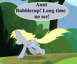 Size: 864x720 | Tagged: safe, edit, edited screencap, editor:korora, screencap, derpy hooves, pegasus, pony, g4, rock solid friendship, butt, cute, derpabetes, excited, implied bubblecup, offscreen character, plot, running, speech bubble