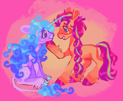 Size: 1159x957 | Tagged: safe, artist:webkinzworldz, izzy moonbow, sunny starscout, classical unicorn, earth pony, pony, unicorn, g5, blush sticker, blushing, cloven hooves, crying, duo, female, heart, heart eyes, hoof on chin, horn, leonine tail, lesbian, looking at each other, looking at someone, mane stripe sunny, multicolored hair, rainbow hair, redraw, ship:moonscout, shipping, smiling, sparkles, unshorn fetlocks, wingding eyes