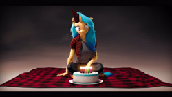 Size: 3840x2160 | Tagged: safe, artist:imafutureguitarhero, oc, oc only, oc:flight check, unicorn, anthro, unguligrade anthro, 3d, 4k, adidas, arm fluff, birthday, birthday cake, black bars, blanket, blind eye, button-up shirt, cake, candle, cheek fluff, chin fluff, chromatic aberration, clothes, colored eyebrows, commission, crossed legs, ear fluff, ear piercing, earring, eye scar, facial scar, female, film grain, floppy ears, fluffy, fluffy hair, fluffy mane, fluffy tail, food, fur, hat, high res, horn, jewelry, letterboxing, looking at something, mare, nexgen, nose wrinkle, one ear down, open clothes, open shirt, pants, party hat, piercing, plaid, plaid shirt, plate, scar, shirt, signature, sitting, smiling, solo, source filmmaker, tail, tank top, trackpants, wall of tags