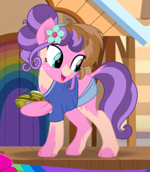 Size: 1140x1300 | Tagged: safe, artist:anonymous, petunia petals, pony, g4, my little pony: rainbow roadtrip, /ptfg/, brown hair, clothes, female, human to pony, light skin, mare, mid-transformation, movie accurate, open mouth, open smile, rainbow generator, show accurate, smiling, solo, transformation