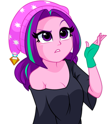 Size: 821x920 | Tagged: safe, artist:rosemile mulberry, aria blaze, human, equestria girls, g4, beanie, breasts, cleavage, clothes, female, fingerless gloves, gem, gloves, hat, looking up, off shoulder, revised, simple background, solo, updated design, white background