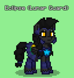 Size: 768x804 | Tagged: safe, oc, oc only, oc:eclipse, pegasus, pony, pony town, armor, female, green background, mare, night guard, pigtails, royal guard, simple background, solo, updated design