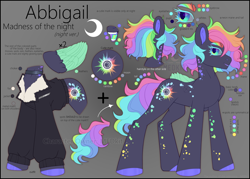 Size: 3500x2500 | Tagged: safe, alternate version, artist:medkit, oc, oc only, oc:abbigail (madness of the night), pegasus, pony, bust, choker, clothes, colored eyebrows, colored eyelashes, colored hooves, colored lineart, colored pupils, colored wings, crescent moon, cutie mark, dark sclera, eyelashes, feather, feathered wings, female, folded wings, full body, fur, glowing, glowing eyes, gradient background, gradient iris, high res, jacket, lipstick, looking back, makeup, mare, metal insert, moon, mouth, multicolored mane, multicolored tail, neon, neon feather, neon hooves, neon mane, neon rainbow, neon tail, neon wings, open mouth, outfit, owner, owner:medkit, pegasus oc, portrait, quadrupedal, rainbow, reference sheet, short mane, short tail, side view, signature, solo, spots, standing, tail, wall of tags, watermark, wings