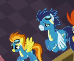 Size: 600x500 | Tagged: safe, screencap, soarin', spitfire, stormy flare, pegasus, pony, g4, rarity investigates, animated, clothes, eye contact, female, flying, gif, looking at each other, looking at someone, male, mare, offscreen character, photo, shipping fuel, stallion, trio, uniform, wonderbolts, wonderbolts uniform