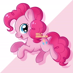 Size: 2700x2700 | Tagged: safe, artist:edgyanimator, derpibooru exclusive, part of a set, pinkie pie, earth pony, pony, g4, :d, blue eyes, cel shading, chibi, colored lineart, eyelashes, female, firealpaca, full body, happy, high res, looking left, looking sideways, mare, open mouth, open smile, pink, pink background, pink coat, pink fur, pink hair, pink mane, pink tail, profile, raised hooves, shading, signature, simple, simple background, simple shading, smiling, solo, tail