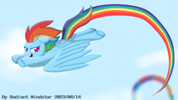 Size: 2560x1440 | Tagged: safe, artist:radiant windstar, rainbow dash, pegasus, pony, g4, cloud, flying, rainbow, solo, sonic rainboom, wings