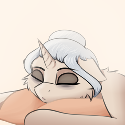 Size: 3500x3500 | Tagged: safe, artist:fuwa, oc, oc only, oc:frosty healing, pony, unicorn, art, bed, black eye, cute, eyes closed, female, high res, horn, hug, mare, pillow, pillow hug, simple background, sleeping, solo, tired, tired eyes, unicorn oc