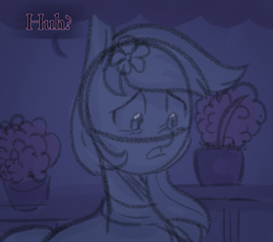 Size: 743x656 | Tagged: safe, anonymous artist, dahlia, earth pony, pony, series:misty pov, g5, bouquet, bouquet of flowers, clothes, confused, dialogue, female, flower, flower in hair, limited palette, looking at someone, looking down, mare, plants, scarf, solo, speech, speech bubble, talking, vendor stall, worried