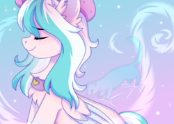 Size: 3500x2500 | Tagged: safe, artist:stesha, oc, oc only, oc:foxyhollows, pegasus, pony, bust, chest fluff, collar, commission, ear fluff, eyebrows, eyebrows visible through hair, eyes closed, female, folded wings, gradient background, hat, high res, mare, patronus, pegasus oc, profile, smiling, solo, two toned mane, wings, ych result