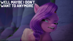 Size: 2000x1125 | Tagged: safe, edit, edited screencap, editor:quoterific, screencap, pipp petals, pegasus, pony, g5, my little pony: make your mark, my little pony: make your mark chapter 2, portrait of a princess, spoiler:my little pony: make your mark, spoiler:my little pony: make your mark chapter 2, spoiler:mymc02e03, angry, cave, diadem, dialogue, female, headband, implied zipp storm, jewelry, looking back, mare, one ear down, open mouth, pipp petals is not amused, reaction image, regalia, solo, unamused