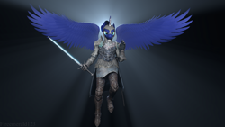 Size: 3840x2160 | Tagged: safe, artist:fireemerald123, princess luna, alicorn, anthro, g4, 3d, armor, female, high res, realistic wings, solo, source filmmaker, spread wings, sword, sæla, watermark, weapon, wings