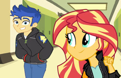 Size: 2500x1620 | Tagged: safe, editor:ktd1993, flash sentry, sunset shimmer, human, equestria girls, g4, duo, female, locker room, male, ship:flashimmer, shipping, straight