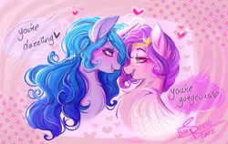 Size: 2647x1674 | Tagged: safe, artist:snowballflo, izzy moonbow, pipp petals, pegasus, pony, unicorn, g5, boop, chest fluff, diadem, dialogue, duo, female, floating heart, glowing, glowing horn, heart, horn, lesbian, looking at each other, looking at someone, mare, noseboop, pink background, screentone, ship:moonpetals, shipping, signature, simple background, sparkles, speech bubble