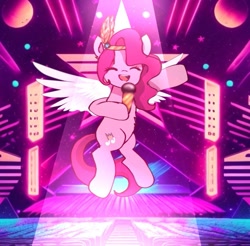 Size: 949x934 | Tagged: safe, artist:jaanhavi, pipp petals, pegasus, pony, g5, adorapipp, cute, eyes closed, female, flying, holding, mare, microphone, open mouth, singing, solo, spread wings, wings