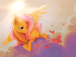 Size: 2224x1668 | Tagged: safe, artist:lususunnatural, fluttershy, butterfly, pegasus, pony, g4, cloud, cute, female, looking at something, lying down, lying on a cloud, mare, on a cloud, one wing out, prone, shyabetes, smiling, solo, sunlight, wings