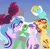 Size: 2000x1951 | Tagged: safe, artist:greenybeanz, lightning dust, starlight glimmer, sunset shimmer, suri polomare, tempest shadow, trixie, oc, oc:anon, earth pony, human, pegasus, pony, unicorn, g4, anon gets all the mares, bed, broken horn, cuddling, female, gradient background, grin, horn, hug, lesbian, lucky bastard, male, ship:startrix, shipping, sleeping, smiling, spooning