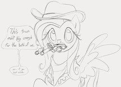 Size: 979x701 | Tagged: safe, artist:dotkwa, fluttershy, pegasus, pony, g4, cowboy hat, dialogue, female, gray background, grayscale, gun, handgun, hat, mare, monochrome, mouth hold, revolver, simple background, sketch, solo, speech bubble, spread wings, talking to viewer, wings