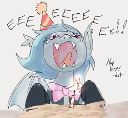 Size: 753x696 | Tagged: safe, artist:dotkwa, oc, oc only, oc:lucky roll, bat pony, pony, bat pony oc, birthday, birthday candles, bowtie, candle, eeee, fangs, female, gray background, happy birthday, hat, hay, mare, open mouth, party hat, simple background, solo, tongue out, volumetric mouth