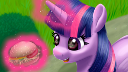 Size: 3840x2160 | Tagged: safe, artist:stellardust, twilight sparkle, alicorn, pony, g4, 4k, burger, cute, ear fluff, eyes on the prize, female, food, glowing, glowing horn, hay burger, high res, horn, magic, magic aura, mare, open mouth, solo, telekinesis, that pony sure does love burgers, twiabetes, twilight burgkle, twilight sparkle (alicorn)