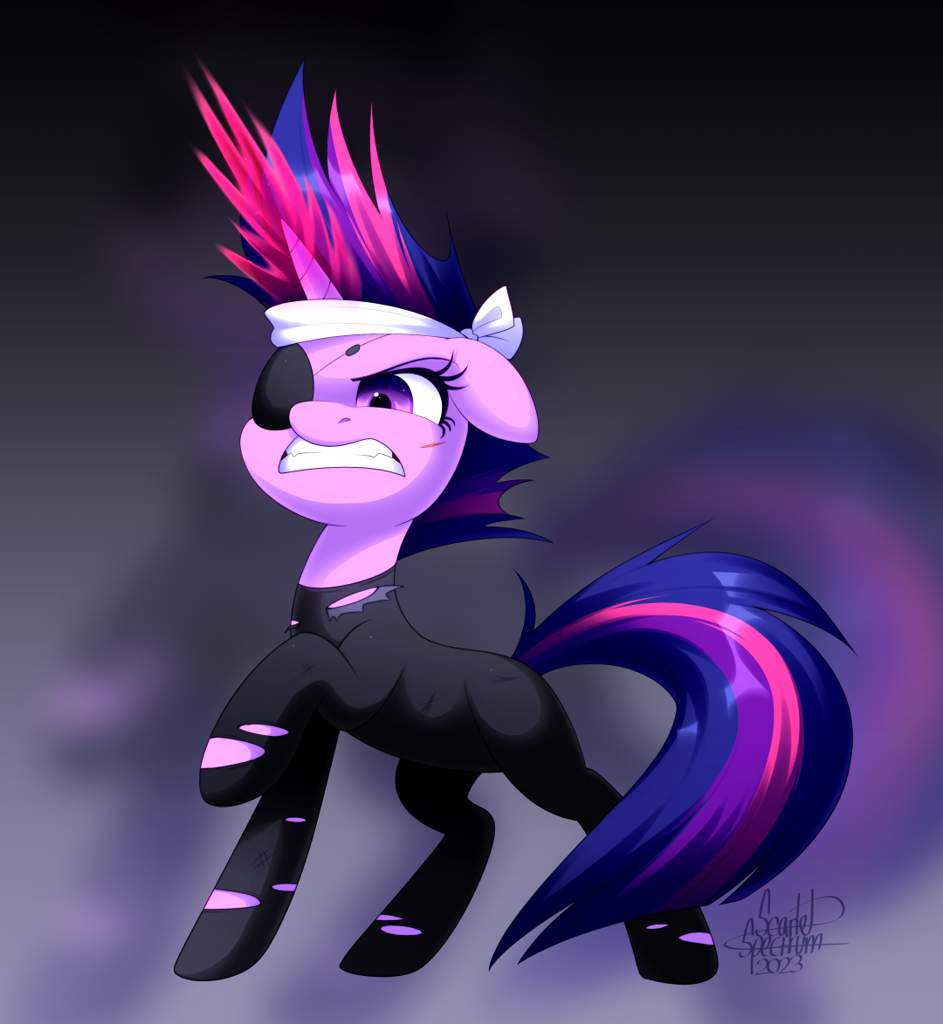 [angry,catsuit,eyepatch,female,future twilight,headband,it's about time,pony,safe,scar,solid sparkle,solo,teeth,twilight sparkle,unicorn,gritted teeth,artist:scarlet-spectrum,ears back]