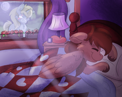 Size: 2500x2000 | Tagged: safe, artist:euspuche, oc, oc only, oc:alabaster, oc:autumn rosewood, pegasus, pony, unicorn, bed, beret, duo, flower, hat, high res, horn, moon, night, pegasus oc, rose, sleeping, unicorn oc