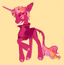 Size: 1280x1310 | Tagged: safe, artist:peaceandlove26, oc, oc only, oc:raspberry meringue pie, pony, unicorn, g4, chest fluff, clothes, colored hooves, colored horn, eyeshadow, fangs, freckles, grin, hoof polish, horn, jacket, leather, leather jacket, leonine tail, magical lesbian spawn, magical threesome spawn, makeup, offspring, parent:pinkie pie, parent:sunburst, parent:tempest shadow, parents:pinkieburst, parents:tempestburst, parents:tempestpie, parents:tempestpinkieburst, raised hoof, short mane, smiling, solo, standing, tail