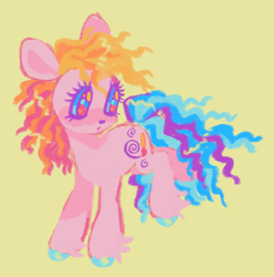 Size: 1280x1289 | Tagged: safe, artist:peaceandlove26, toola-roola, earth pony, pony, g3, colored hooves, hoof polish, multicolored mane, simple background, solo, sparkly eyes, unshorn fetlocks, wingding eyes, yellow background