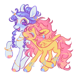 Size: 1280x1288 | Tagged: safe, artist:peaceandlove26, fluttershy, rarity, pegasus, pony, unicorn, g4, alternate hairstyle, blushing, colored hooves, duo, ear piercing, earring, eyeshadow, female, heart, heart eyes, horn, horn jewelry, horn ring, jewelry, lesbian, makeup, necklace, piercing, ring, ship:flarity, shipping, simple background, sparkly eyes, transparent background, wingding eyes