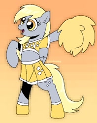 Size: 1227x1554 | Tagged: safe, artist:doodlesinky, derpy hooves, pegasus, pony, g4, belly, bipedal, cheerleader, cheerleader outfit, clothes, female, mare, midriff, pom pom, solo