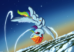 Size: 2388x1668 | Tagged: safe, artist:leoliu0491, rainbow dash, pegasus, pony, g4, cloud, female, flying, mare, signature, sky, smiling, solo, spread wings, stars, upside down, wings