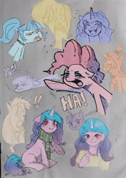 Size: 1450x2048 | Tagged: safe, artist:amazingpuffhair, applejack, fluttershy, izzy moonbow, moondancer, pinkie pie, sonata dusk, twilight sparkle, earth pony, human, pony, unicorn, equestria girls, g4, g5, adorkable, bracelet, clothes, cute, dancerbetes, dork, equestria girls-ified, exclamation point, female, friendship bracelet, friendship necklace, g5 to equestria girls, generation leap, group, ha, izzybetes, jewelry, laughing, magic, mare, necklace, oof, raspberry, scarf, striped scarf, tongue out