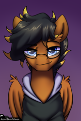 Size: 2000x3000 | Tagged: oc name needed, safe, artist:jedayskayvoker, oc, pegasus, pony, blue eyes, bust, clothes, ear fluff, eyebrows, glasses, gradient background, high res, hoodie, icon, looking at you, male, pegasus oc, portrait, raised eyebrow, solo, stallion