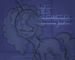Size: 730x583 | Tagged: safe, anonymous artist, misty brightdawn, pony, unicorn, series:misty pov, g5, cornrows, curly mane, dialogue, ears back, emaciated, female, floppy ears, jewelry, limited palette, lip bite, looking away, looking down, malnourished, mare, medallion, necklace, sad, shaking, skinny, solo, thin