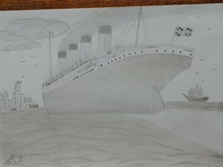 Size: 3000x4000 | Tagged: safe, bird, seagull, manhattan, monochrome, ocean, pencil drawing, ship, traditional art, water