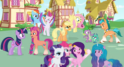 Size: 1024x553 | Tagged: safe, artist:velveagicsentryyt, applejack, fluttershy, hitch trailblazer, izzy moonbow, pinkie pie, pipp petals, rainbow dash, rarity, sparky sparkeroni, spike, sunny starscout, twilight sparkle, zipp storm, alicorn, dragon, earth pony, pegasus, pony, unicorn, g4, g5, baby, baby dragon, blaze (coat marking), cellphone, coat markings, cowboy hat, deviantart watermark, diadem, facial markings, female, folded wings, g5 to g4, generation leap, group, hat, hitch and his heroine, izzy and her heroine, male, mane five, mane six, mare, obtrusive watermark, phone, pipp and her heroine, ponyville, quadrupedal, raised hoof, sash, sheriff's badge, smartphone, socks (coat markings), sparky and his hero, spread wings, stallion, sunny and her heroine, twilight sparkle (alicorn), unshorn fetlocks, watermark, wings, zipp and her heroine