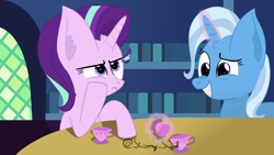 Size: 3840x2160 | Tagged: safe, artist:starry swirl, starlight glimmer, trixie, pony, unicorn, g4, crystal castle, duo, female, high res, mare, scene interpretation, teacup, that pony sure does love teacups, twilight's castle