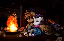 Size: 3617x2357 | Tagged: safe, artist:pridark, oc, oc only, oc:haze rad, oc:talu gana, pegasus, pony, unicorn, fallout equestria, clothes, colored hooves, cowboy hat, detailed background, eyebrows, fire, gay, hat, high res, highlights, horn, jumpsuit, looking at each other, looking at someone, male, mohawk, ncr ranger, night, one ear down, pegasus oc, purple eyes, scarf, smiling, smiling at each other, stetson, taze, unicorn oc, unshorn fetlocks, vault suit