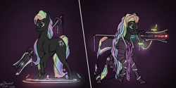 Size: 7000x3500 | Tagged: safe, artist:stardustspix, oc, oc:kaleidoscope, crystal pony, pony, armor, black coat, cyan eyes, gem, glowing, glyph, long mane, magic, multicolored hair, rainbow hair, solo, staff, telekinesis