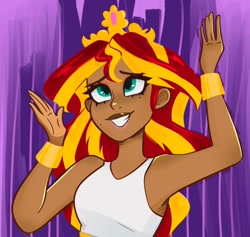 Size: 1234x1172 | Tagged: safe, artist:indigohatetrain, sunset shimmer, human, equestria girls, g4, my little pony equestria girls, armpits, arms in the air, bare shoulders, clothes, crown, dark skin, dress, fall formal, female, grin, hands in the air, humanized, jewelry, regalia, scene interpretation, shimmerbetes, sleeveless, sleeveless dress, smiling, solo