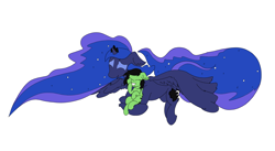 Size: 5508x3008 | Tagged: safe, artist:ponny, princess luna, oc, oc:filly anon, alicorn, earth pony, pony, g4, colored, duo, duo female, female, filly, flying, foal, laughing, mare, simple background, white background
