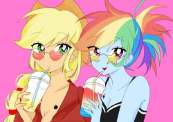 Size: 1183x835 | Tagged: safe, artist:rainn__1026, applejack, rainbow dash, human, equestria girls, g4, bare shoulders, breasts, cleavage, clothes, drink, drinking, duo, duo female, female, lesbian, pink background, ship:appledash, shipping, simple background, sleeveless, sunglasses