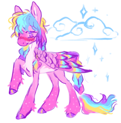 Size: 1280x1296 | Tagged: safe, artist:webkinzworldz, oc, oc only, oc:charm bracelet, pegasus, pony, g4, blush lines, blushing, braid, cloud, colored hooves, colored wings, colored wingtips, folded wings, gradient legs, hoof polish, looking at you, magical lesbian spawn, multicolored mane, multicolored wings, offspring, pale belly, parent:kerfuffle, parent:twilight sparkle, parents:twifuffle, purple eyes, raised hoof, simple background, solo, sparkles, standing, white background, wings