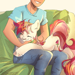 Size: 2048x2048 | Tagged: safe, artist:draco zero, roseluck, human, pony, g4, behaving like a cat, collar, commission, commissioner:doom9454, cute, faceless human, high res, human on pony petting, offscreen character, petting, pony pet, rosepet
