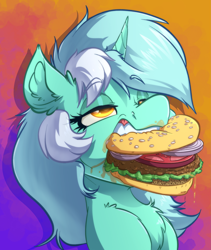Size: 2625x3115 | Tagged: safe, artist:witchtaunter, lyra heartstrings, pony, unicorn, g4, biting, burger, chest fluff, ear fluff, eating, eyebrows, eyebrows visible through hair, faic, female, food, gradient background, hamburger, high res, l.u.l.s., lettuce, lidded eyes, majestic as fuck, mare, meat, messy eating, onion, ponies eating meat, satisfied, solo, teeth, tomato