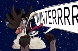 Size: 2048x1351 | Tagged: safe, artist:cryena, stronghoof hoofstrong (tfh), deer, reindeer, them's fightin' herds, community related, faic, male, open mouth, solo, speech bubble, stag, tongue out, winter, yelling