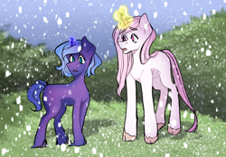 Size: 2360x1640 | Tagged: safe, artist:patheticllamas, princess celestia, princess luna, pony, unicorn, g4, cloven hooves, duo, female, glowing, glowing horn, headcanon, horn, magic, mare, race swap, royal sisters, siblings, sisters, unicorn celestia, unicorn luna, unshorn fetlocks, young celestia, young luna, younger