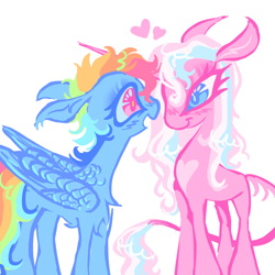 Size: 1280x1280 | Tagged: safe, artist:webkinzworldz, clear sky, rainbow dash, pegasus, pony, unicorn, g4, blue eyes, blush scribble, blushing, chest fluff, closed mouth, duo, ear tufts, ears back, female, folded wings, heart, leonine tail, lesbian, looking at each other, looking at someone, open mouth, pink eyes, ship:cleardash, shipping, simple background, smiling, standing, tail, white background, wings