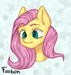 Size: 1854x1960 | Tagged: safe, artist:fazbonz, fluttershy, pegasus, pony, g4, bust, female, mare, portrait, signature, simple background, smiling, solo, white background