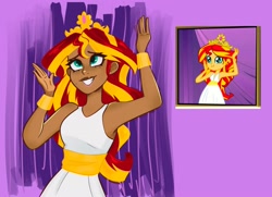 Size: 1952x1415 | Tagged: safe, artist:indigohatetrain, sunset shimmer, human, equestria girls, g4, my little pony equestria girls, armpits, arms in the air, clothes, crown, dark skin, dress, fall formal, female, grin, hands in the air, humanized, jewelry, regalia, scene interpretation, screencap reference, shimmerbetes, sleeveless, sleeveless dress, smiling, solo