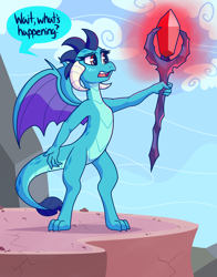 Size: 4000x5100 | Tagged: safe, alternate version, artist:graphenescloset, princess ember, dragon, series:blubberlord ember, g4, bloodstone scepter, dialogue, dragon lord ember, dragoness, female, glowing, incentive drive, sky, solo, this will end in weight gain, weight gain sequence